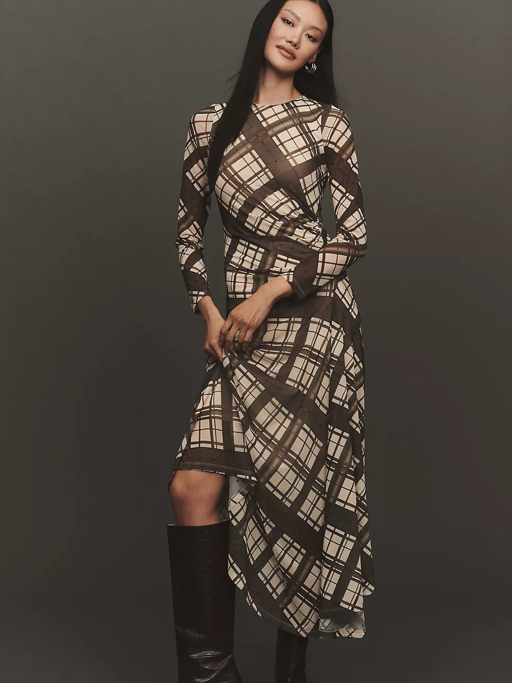By Anthropologie Long-Sleeve Ruched Mesh Midi Dress Brown Plaid‎ 1X New